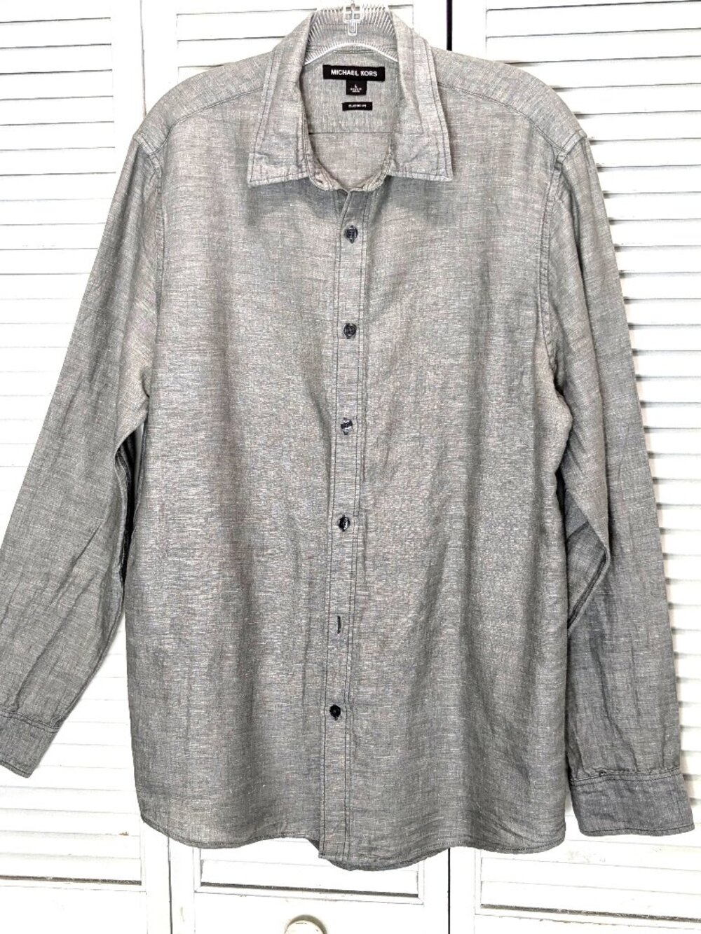 Michael Kors Mens Linen Shirt Long Sleeve Button-Up Gray Sz Large Classic